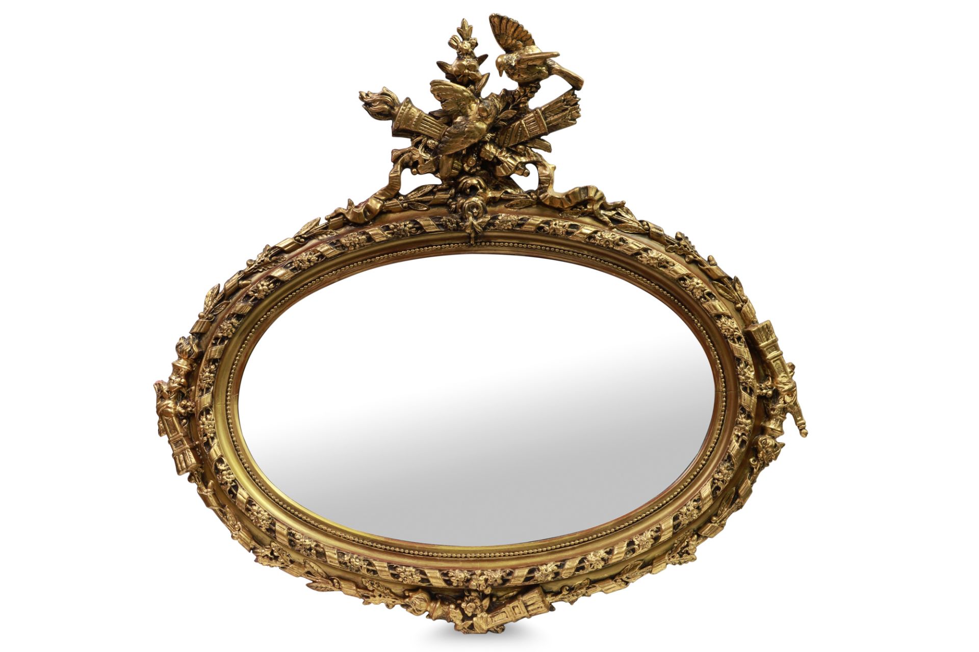 AN IMPRESSIVE 19TH CENTURY EMPIRE STYLE MIRROR, gilt & gesso oval shape, surmounted by Neo Classical