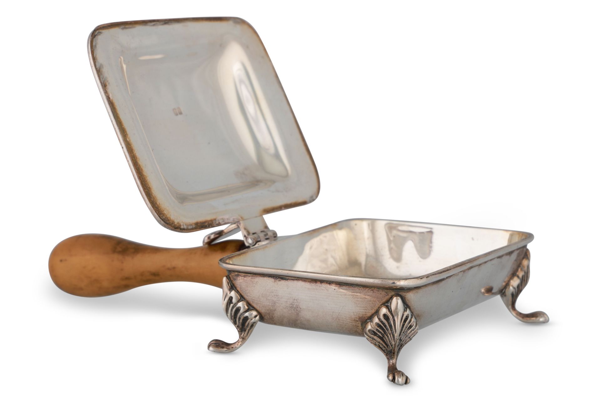 A MODERN IRISH SILVER RESIN HANDLE WAITERS HINGED TRAY, Dublin 1971, by Royal Irish Silver Co.