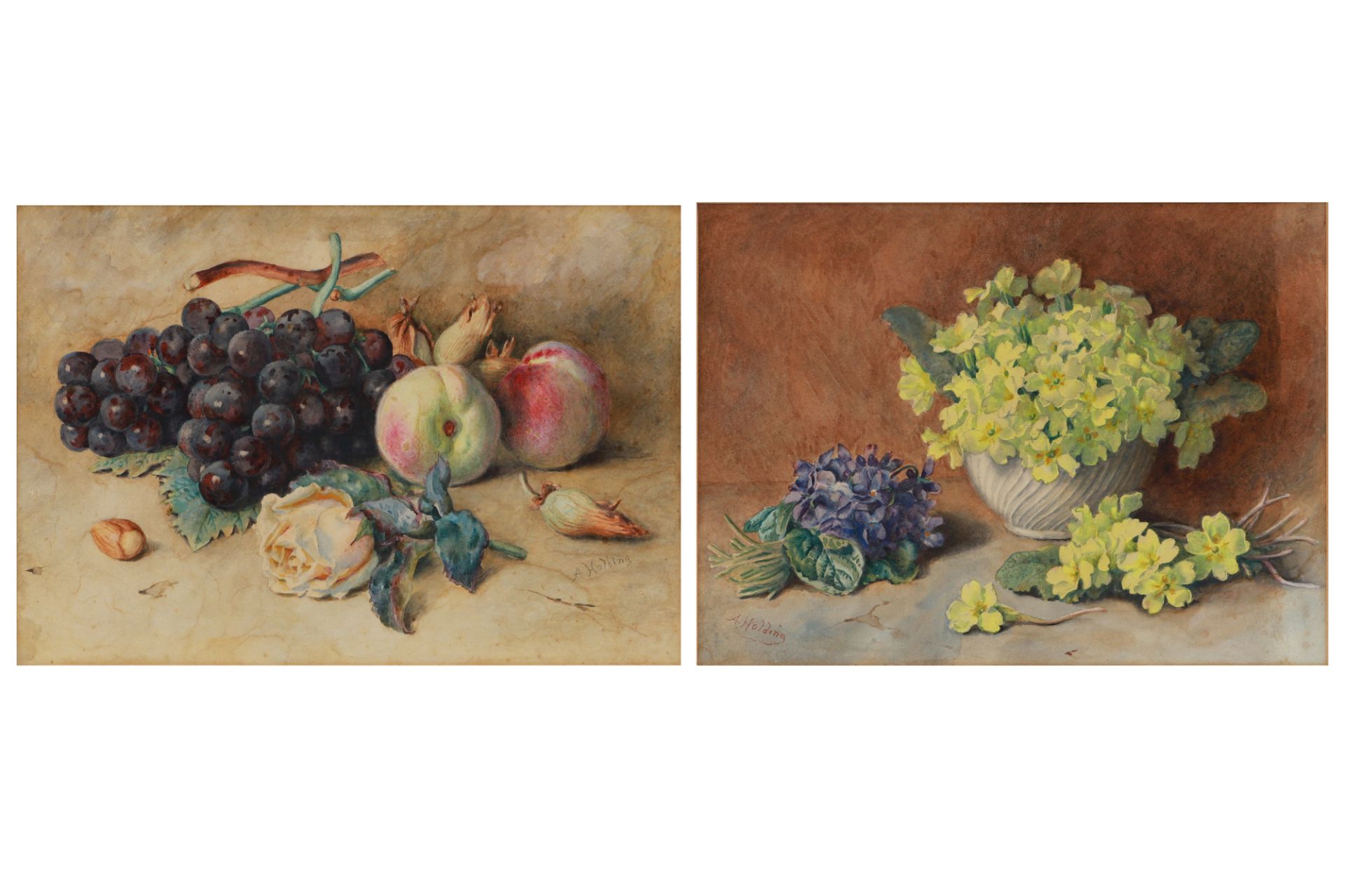 A.HOLDING, (English 1880-1940) (untitled) still life (pair) water colours, ca 12.5 × 11.5” (