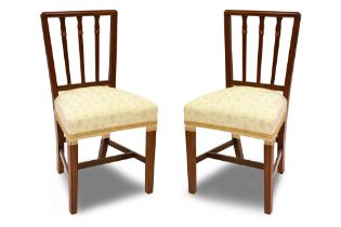 A PAIR OF FINE QUALITY EDWARDIAN INLAID MAHOGANY RAIL BACK DINING CHAIRS, with upholstered seat