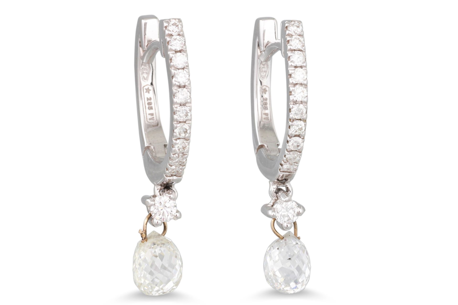 A PAIR OF DIAMOND DROP EARRINGS, the diamond hoops suspending diamond briolette drops, mounted in
