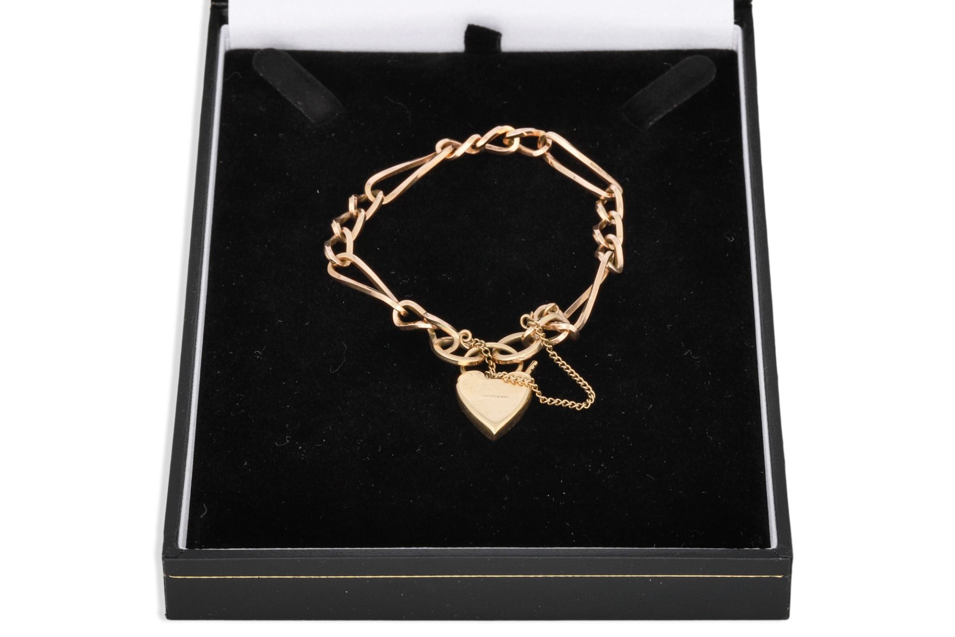 A 9CT GOLD FANCY LINK BRACELET AND PADLOCK, 13 g.