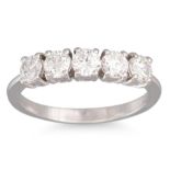 A FIVE STONE DIAMOND RING, the round brilliant cut diamonds, mounted in 18ct white gold.