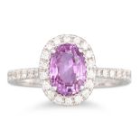 A PINK SAPPHIRE AND DIAMOND CLUSTER RING, the oval sapphire to diamond surround and shoulders,