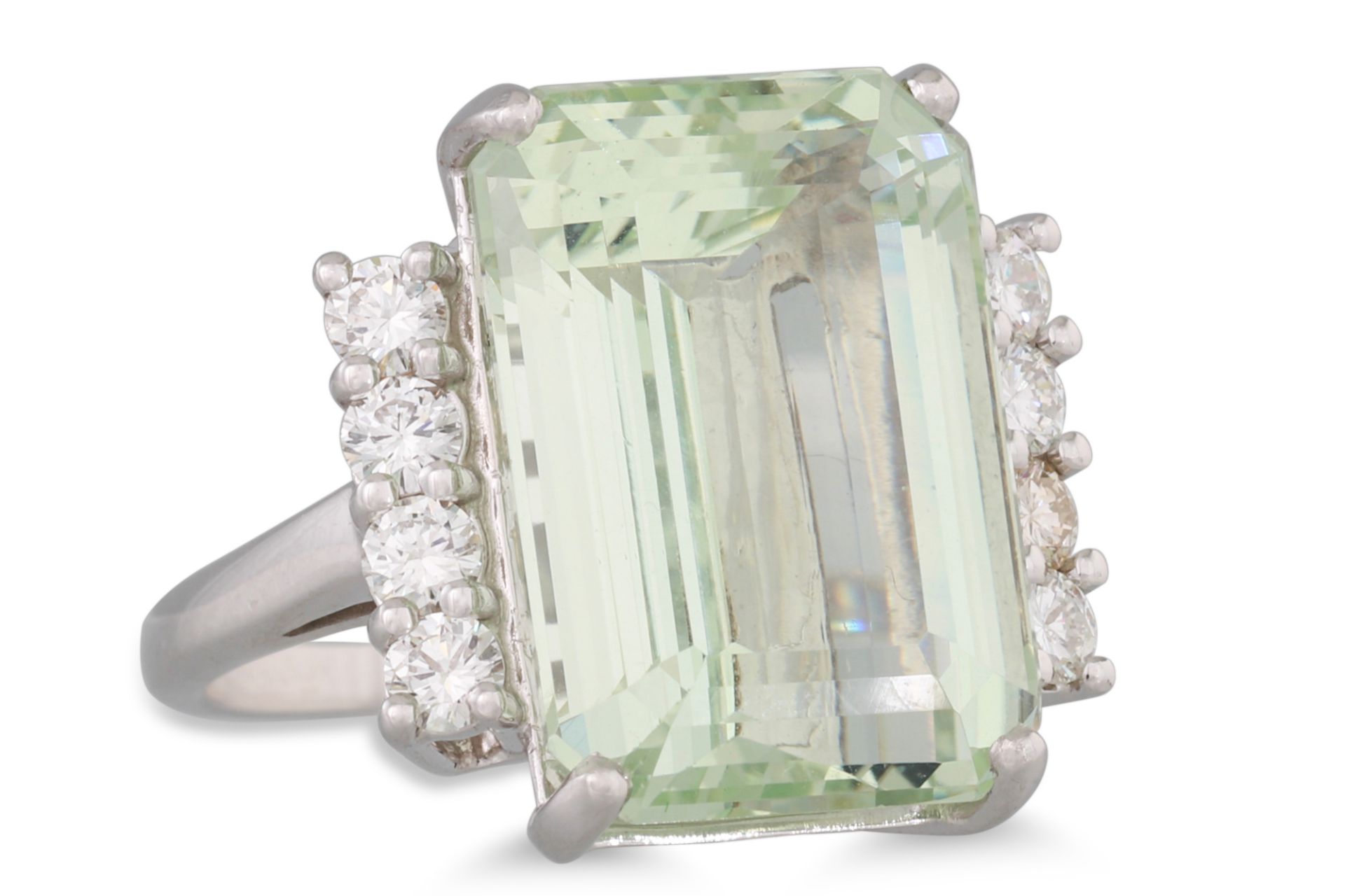 AN AQUAMARINE AND DIAMOND RING, the rectangular aquamarine to diamond shoulders, mounted in 18ct - Image 2 of 2