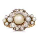 AN ANTIQUE PEARL AND DIAMOND SET PLAQUE RING, the central pearl to old cut diamond and pearl set