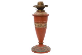 A 19TH CENTURY GRECIAN REVIVAL "YOUNGS" PATENT PARAFFIN OIL LAMP, (London) painted terracotta,