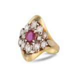 A MID - CENTURY DIAMOND AND RUBY DRESS RING, the oval ruby to a baguette diamond surround, mounted