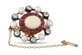 AN ANTIQUE OPAL, PEARL, DIAMOND AND RUBY CLUSTER BROOCH, the central opal to a ruby surround,