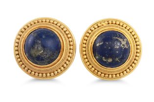 A PAIR OF VINTAGE LAPIS LAZULI EARRINGS, to gold beaded surrounds, (surround tests as 21ct)