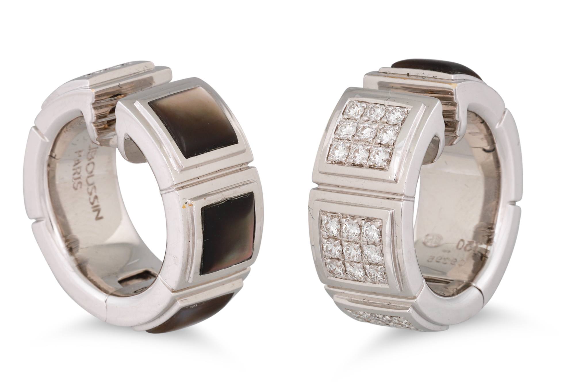 A PAIR OF MAUBOUSSIN DIAMOND AND MOTHER OF PEARL EARRINGS, pavé set diamonds, in 18ct white gold, - Image 2 of 2