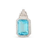 AN AQUAMARINE AND DIAMOND PENDANT, the rectangular aquamarine to diamond surround and bail.