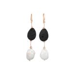 A PAIR OF BAROQUE PEARL AND LAVA DROP EARRINGS, mounted in gold