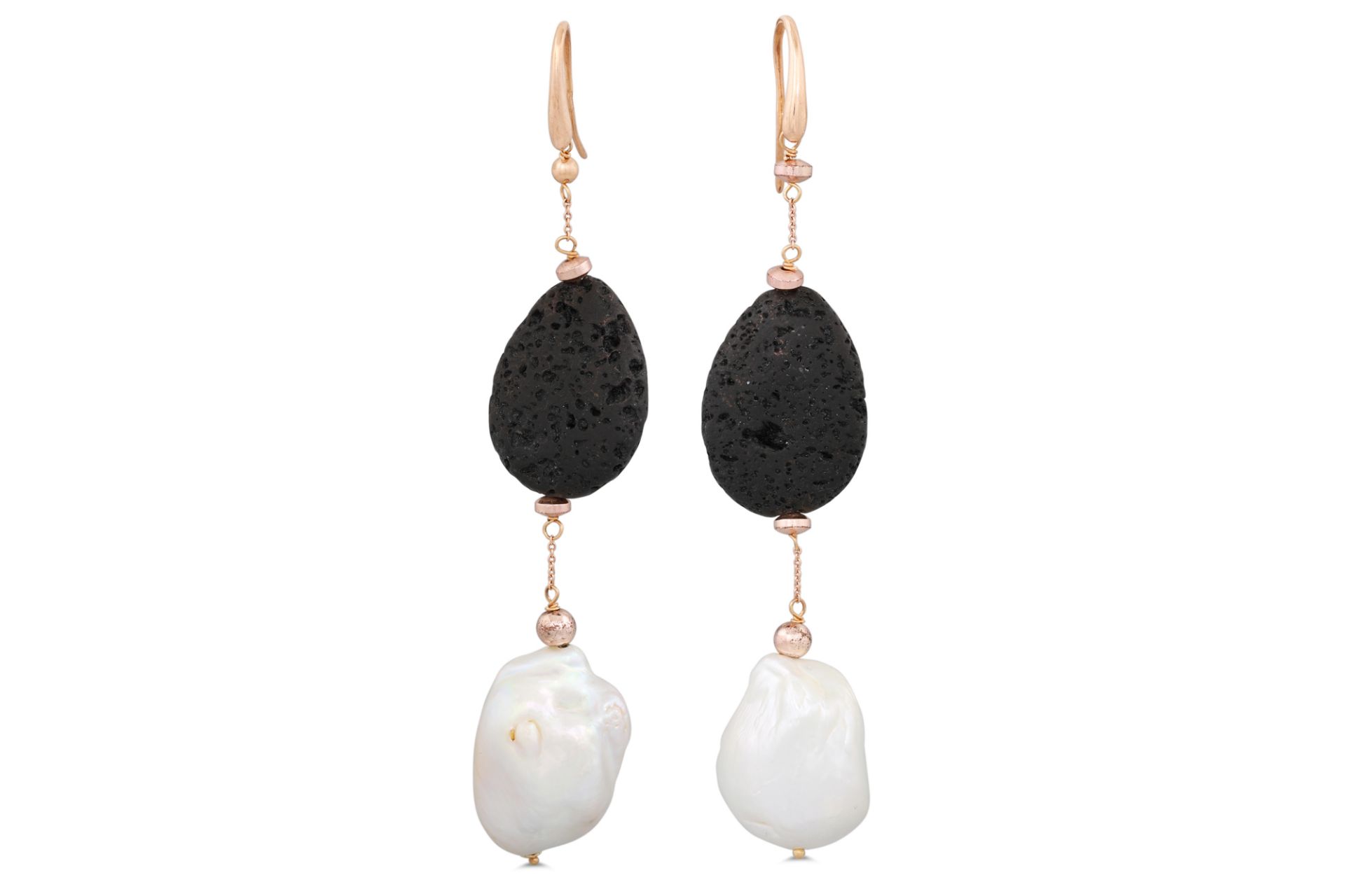 A PAIR OF BAROQUE PEARL AND LAVA DROP EARRINGS, mounted in gold
