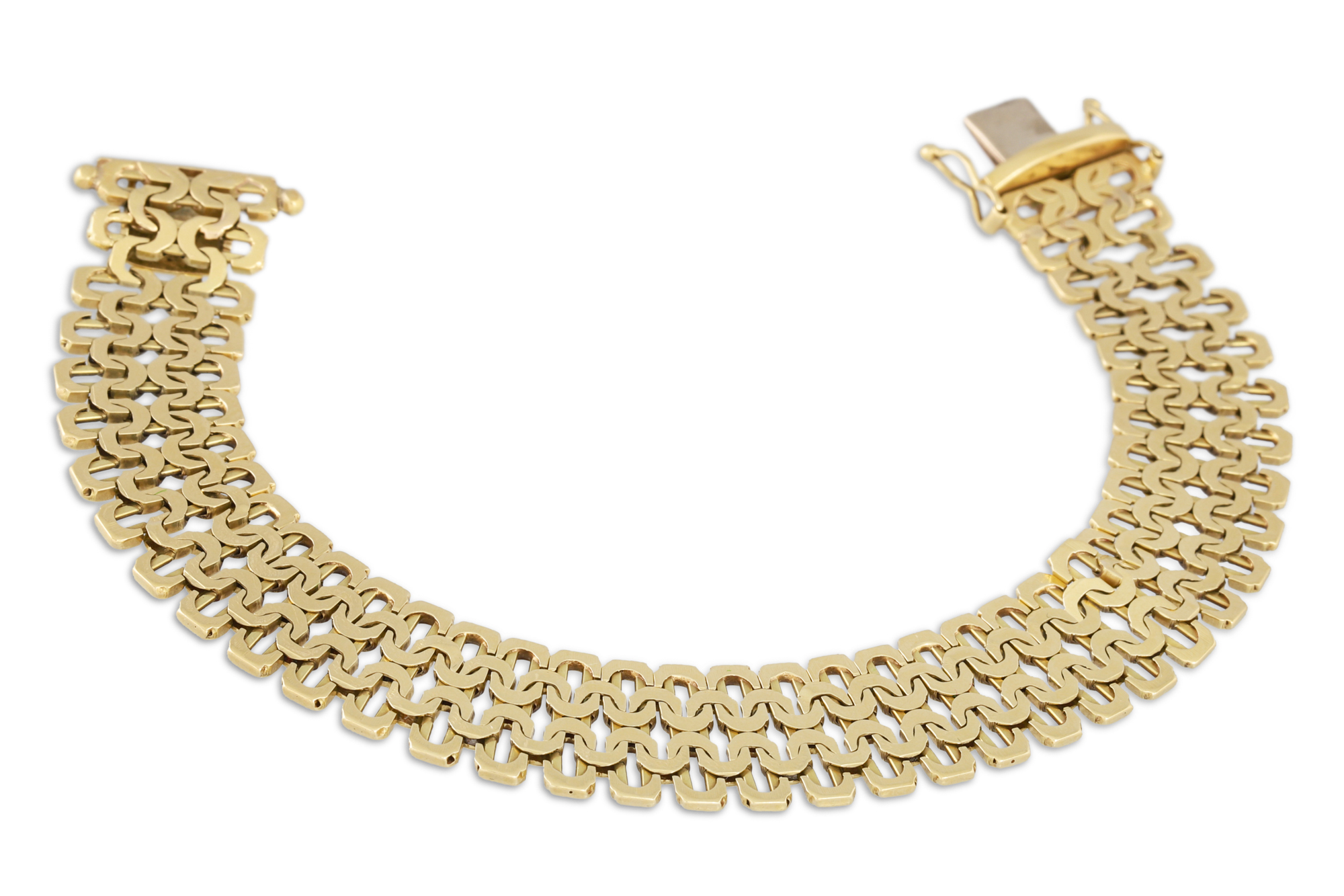 A 14CT GOLD FANCY LINK BRACELET, 21.6 g.