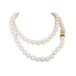 A SET OF CULTURED PEARLS, to an 18ct gold bayonet clasp