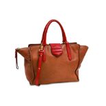 A MARC JACOBS TOP HANDLE HANDBAG, the tan leather handbag with red leather accents, gold colour