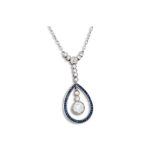 AN EDWARDIAN DIAMOND AND SAPPHIRE DROP PENDANT, the old cut diamond drops within a pear shaped