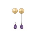 A PAIR OF AMETHYST, DIAMOND AND GOLD DROP EARRINGS, the gold domed studs suspending diamond and pear