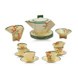 AN ART DECO 1920S CLARICE CLIFF DESIGNED "BIZARRE" PATTERN POLYCHROME CERAMIC SIX SETTING TEA SET,