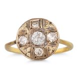 A VINTAGE DIAMOND CLUSTER RING, the circular plaque set with old cut diamonds, mounted in 18ct gold,