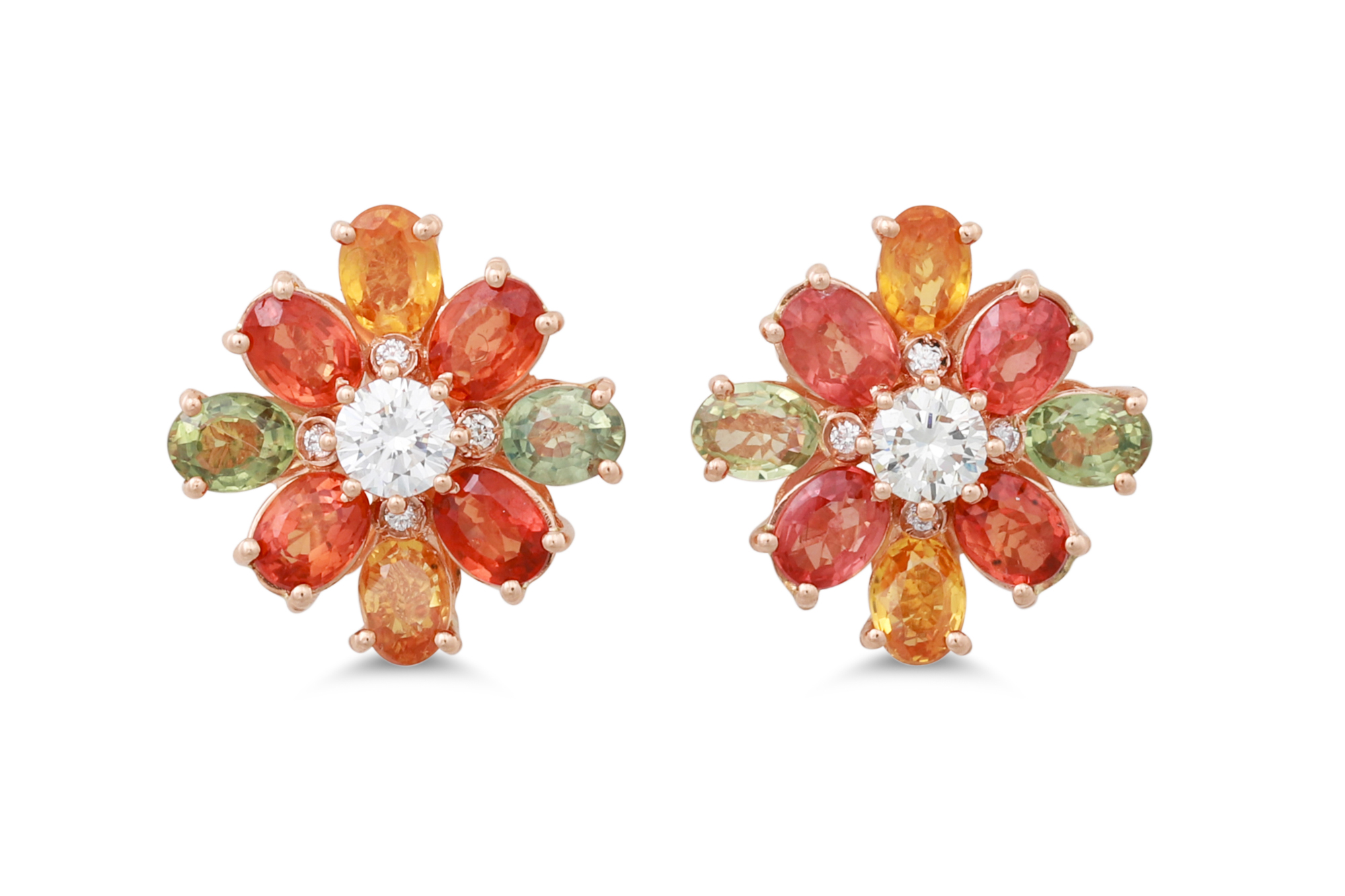 A PAIR OF ORANGE SAPPHIRE AND DIAMOND CLUSTER EARRINGS, mounted in rose gold. Estimated: weight of