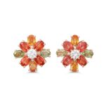 A PAIR OF ORANGE SAPPHIRE AND DIAMOND CLUSTER EARRINGS, mounted in rose gold. Estimated: weight of