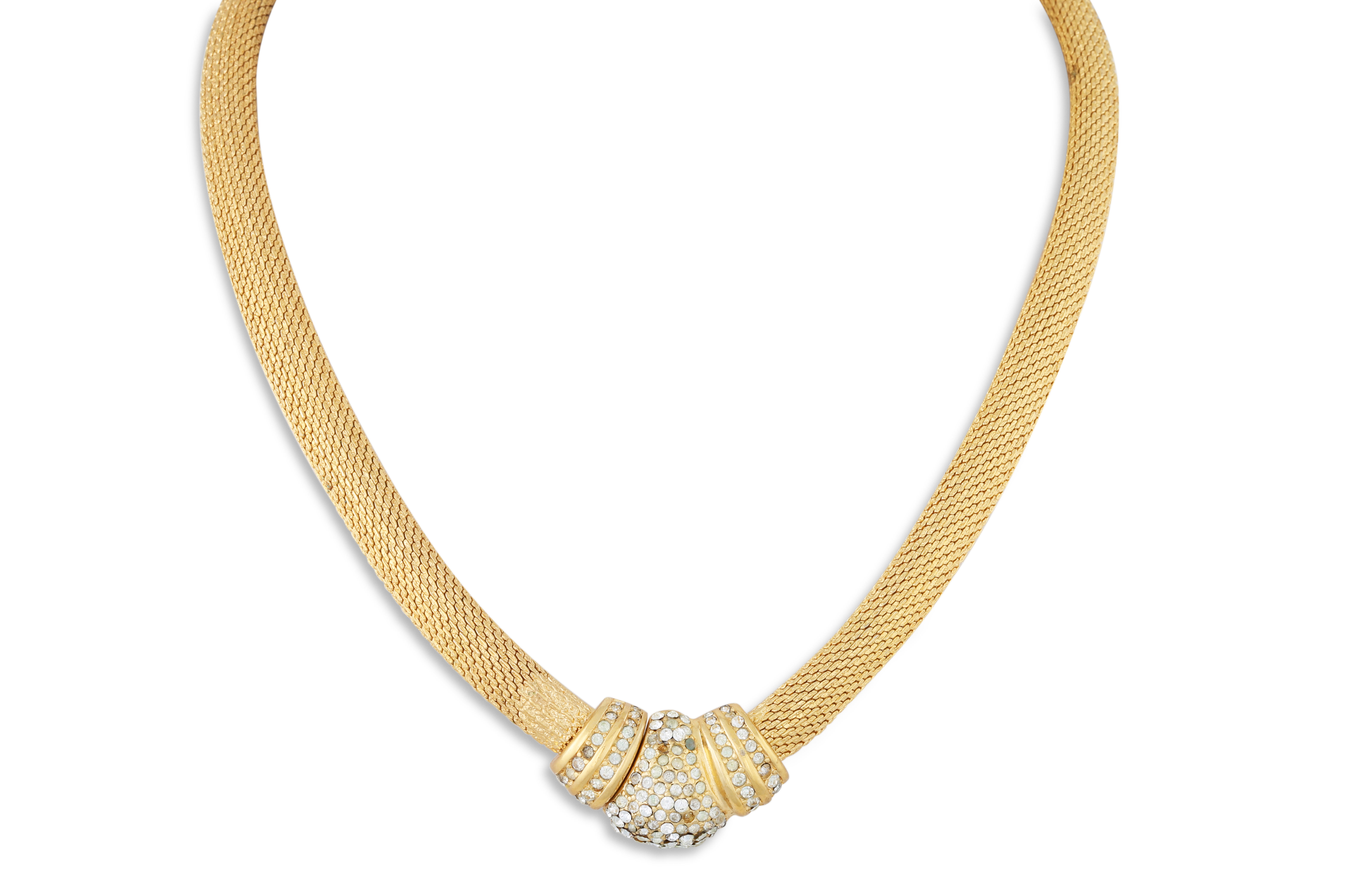 A VINTAGE CHRISTIAN DIOR NECKLACE, mesh link to a central diamanté plaque, signed, c 1950s