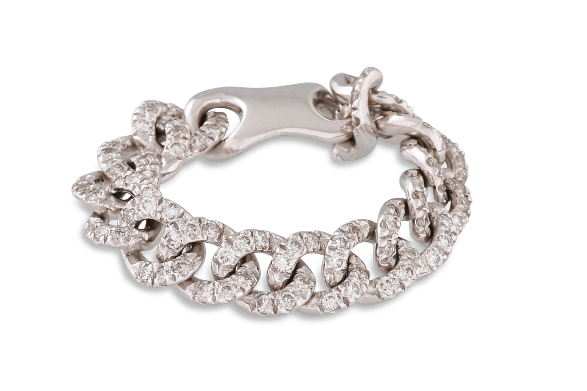 A DIAMOND SET CURB LINK RING, the flexible design in 18ct white gold. Estimated: weight of diamonds: