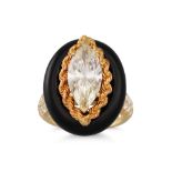 A VINTAGE DIAMOND AND ONYX RING BY DAVID MORRIS, the marquise cut diamond to a gold rope link