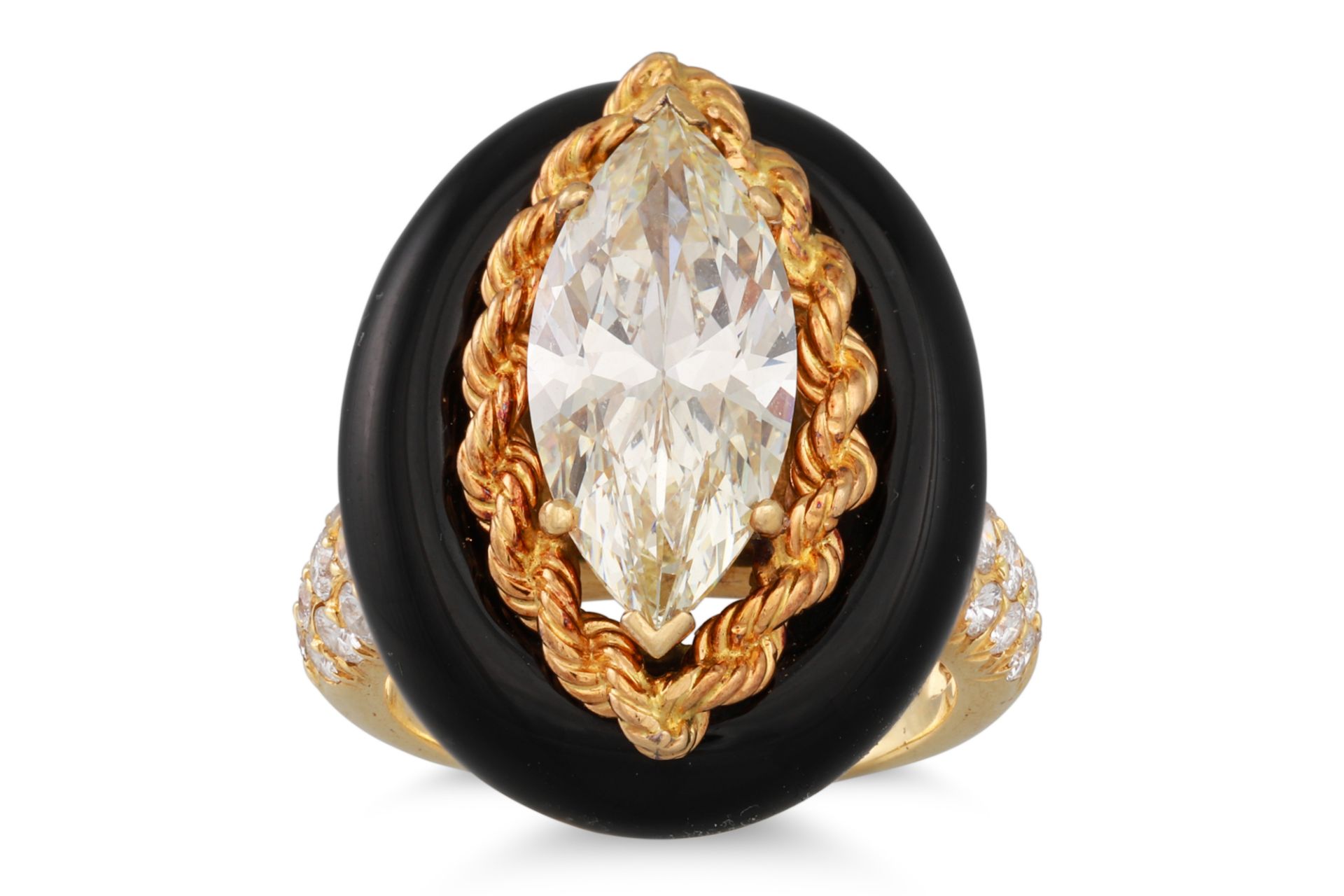 A VINTAGE DIAMOND AND ONYX RING BY DAVID MORRIS, the marquise cut diamond to a gold rope link