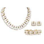 A VINTAGE LISNER LUCITE PARURE SET, shaped links set with white lucite, to include neck piece,