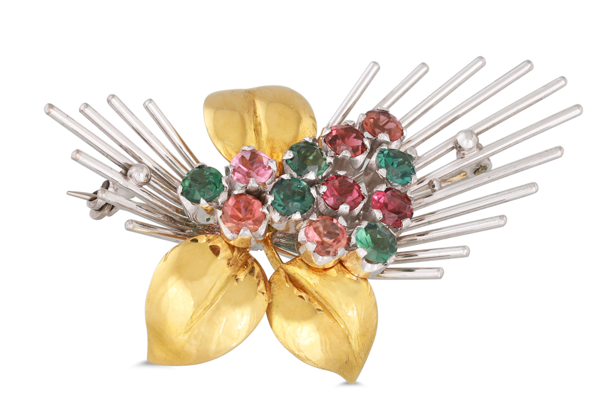 A VINTAGE GEM SET SPRAY BROOCH, mounted in 18ct white and yellow gold, Birmingham 1965, 16.4 g.