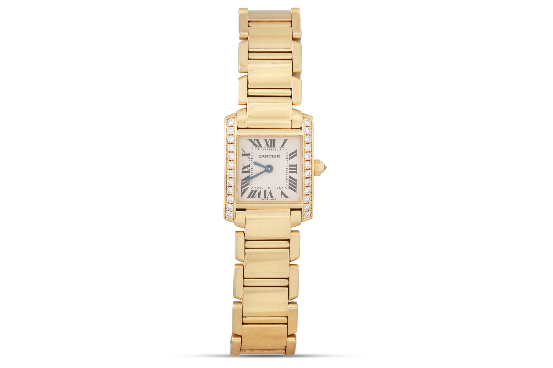 AN 18CT YELLOW GOLD DIAMOND SET LADY'S CARTIER WRISTWATCH, white face with Roman numerals, spare