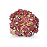 A VINTAGE DIAMOND AND PINK SAPPHIRE CLUSTER RING, mounted in yellow gold, size K