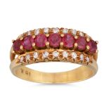 A VINTAGE DIAMOND AND RUBY DRESS RING, three rowed, ca 1960, mounted in 18ct gold. Size: N