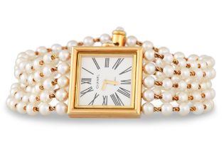 A CHANEL MADEMOISELLE WRISTWATCH, a five row mother-of-pearl bracelet strap with 18ct gold watch