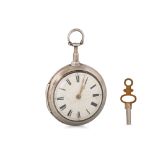 A GEORGE III IRISH SILVER POCKET WATCH, fusee movement, white enamel dial with Roman numerals, by
