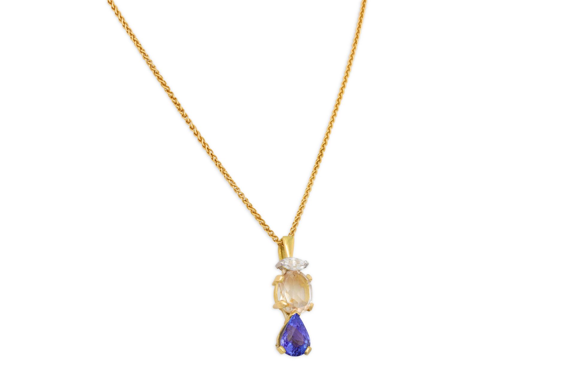 A DIAMOND, CITRINE AND TANZANITE PENDANT, mounted in 18ct gold, to an 18ct gold chain