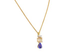A DIAMOND, CITRINE AND TANZANITE PENDANT, mounted in 18ct gold, to an 18ct gold chain