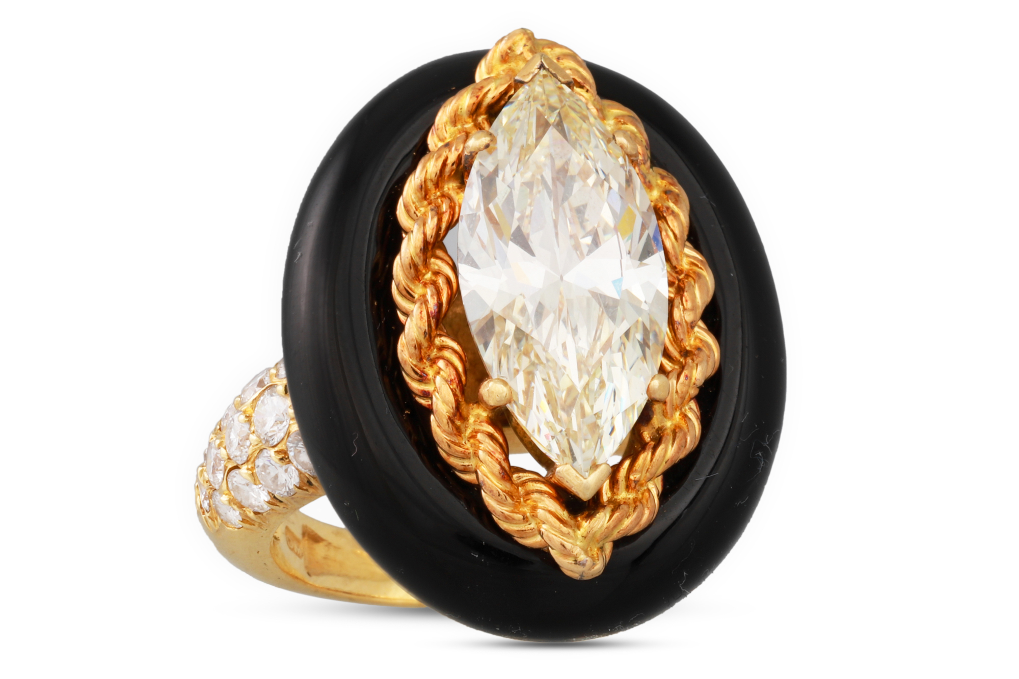 A VINTAGE DIAMOND AND ONYX RING BY DAVID MORRIS, the marquise cut diamond to a gold rope link - Image 2 of 2