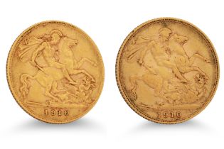 AN EDWARDIAN VII FULL GOLD SOVEREIGN ENGLISH COIN, 1910 (8 g.) together with an Edwardian VII half