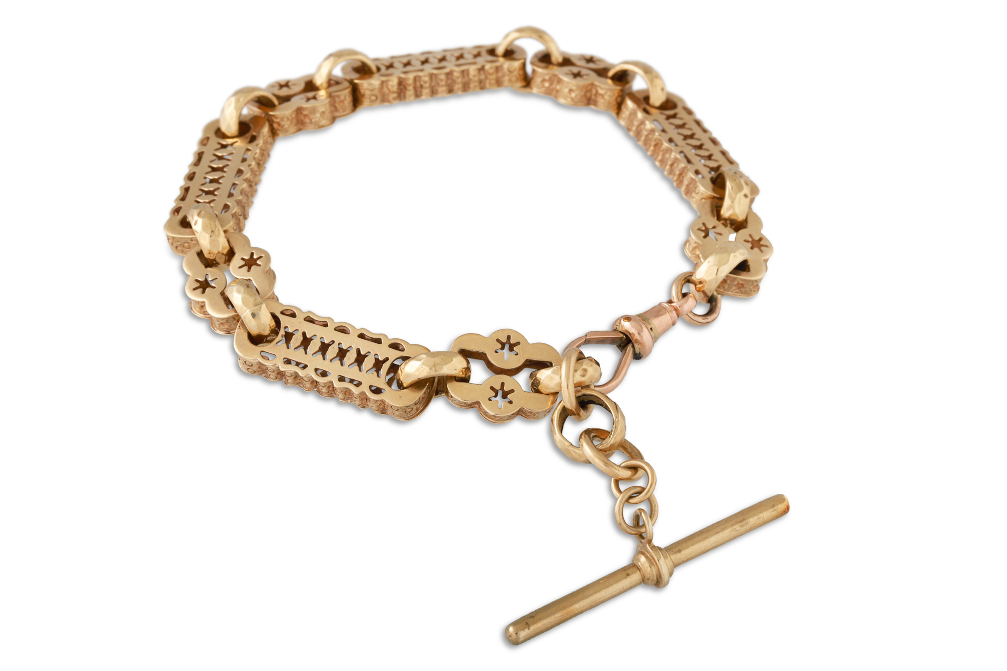 A 9CT GOLD FANCY LINK BRACELET, 23.9 g.