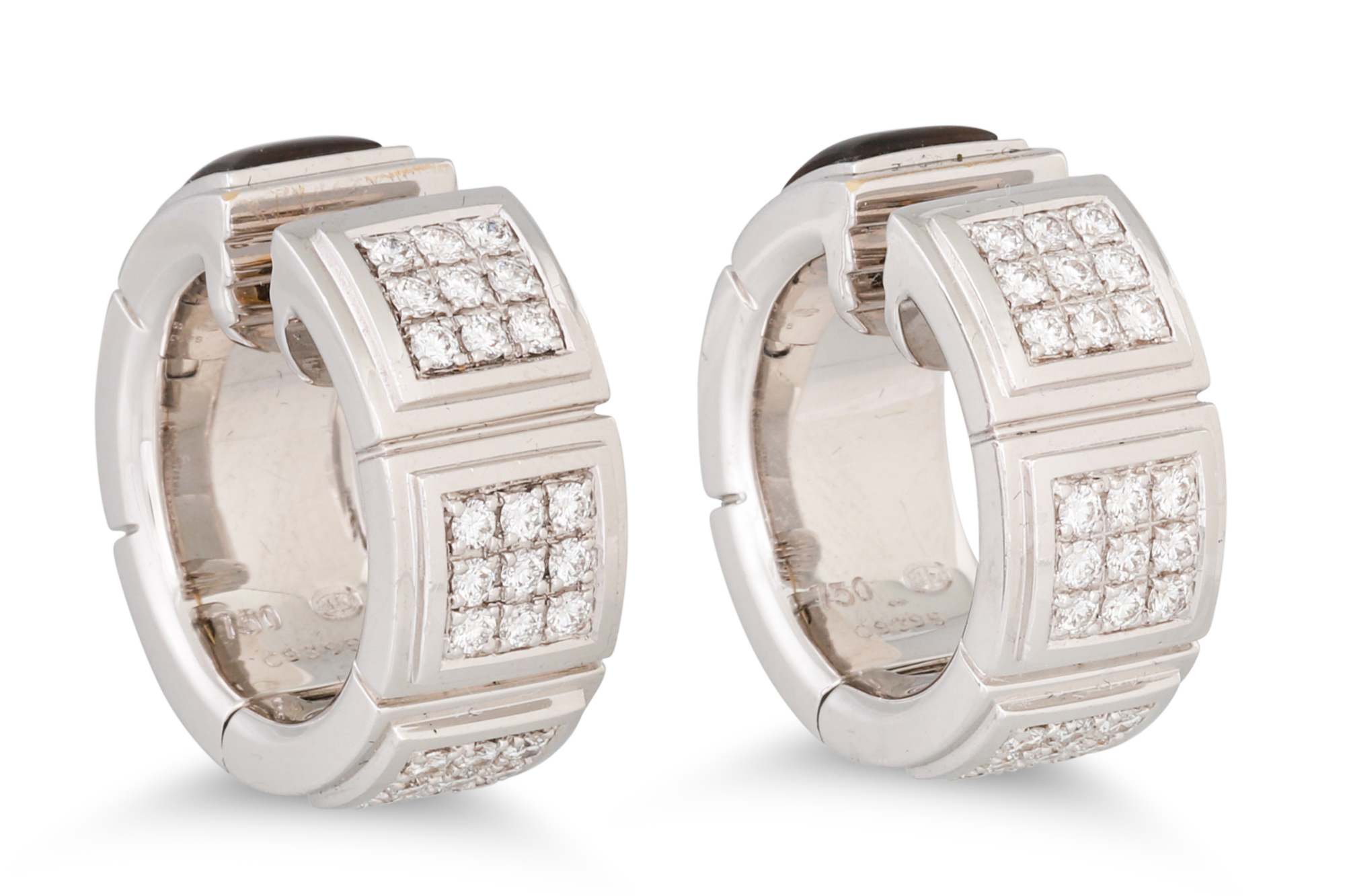 A PAIR OF MAUBOUSSIN DIAMOND AND MOTHER OF PEARL EARRINGS, pavé set diamonds, in 18ct white gold,