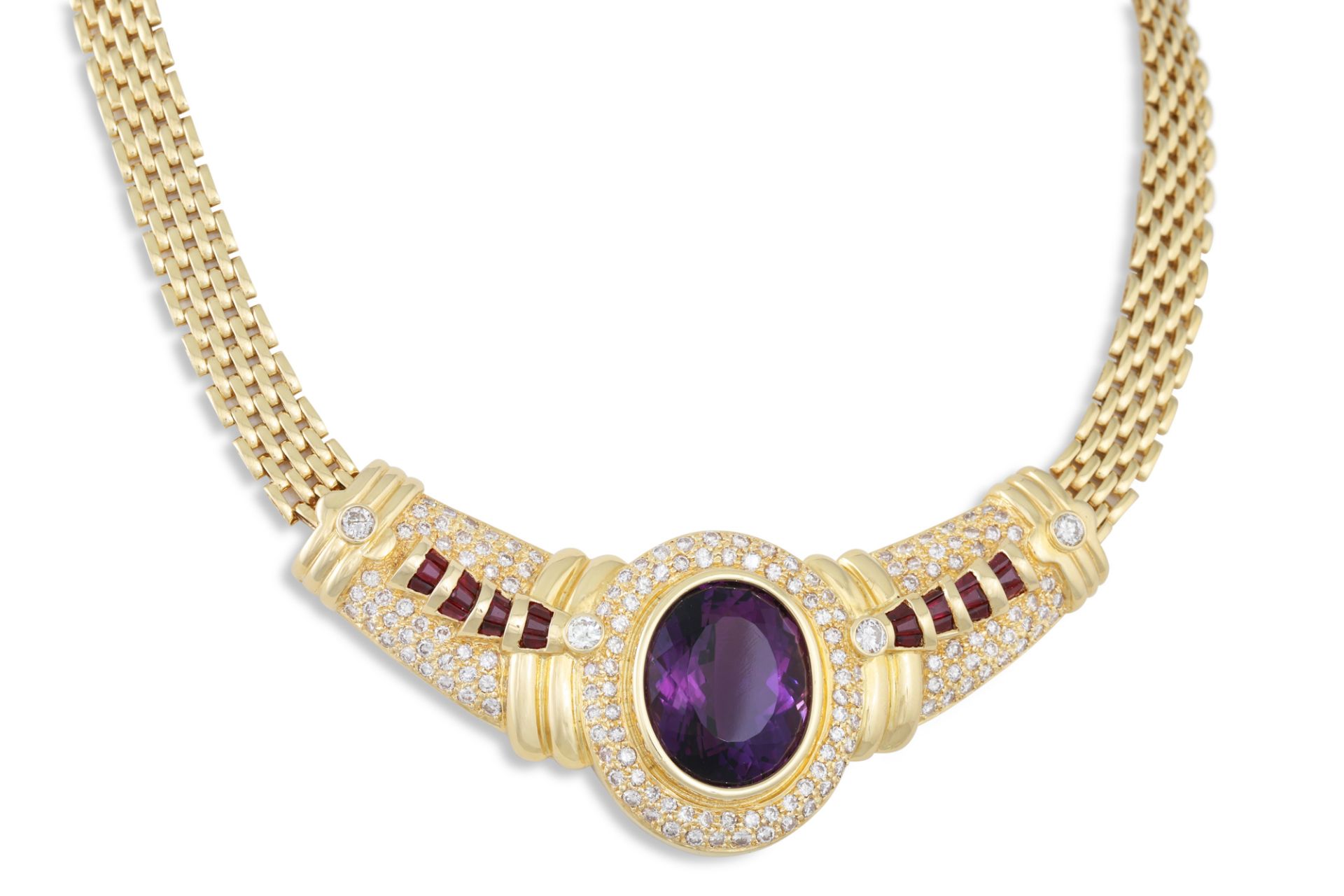 AN ITALIAN DESIGN AMETHYST AND DIAMOND NECKLACE, comprising a central cluster to pavé set diamond