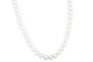 A SET OF CULTURED PEARLS, to a 14ct gold clasp with brushed finish, together with a pair of matching