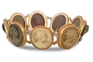 AN ANTIQUE LAVA CAMEO BRACELET, comprising carved cameos depicting ladies in profile, mounted in