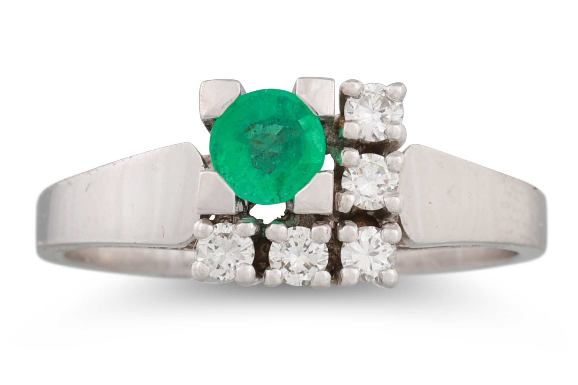 AN EMERALD AND DIAMOND CLUSTER RING, of square form, set with a circular emerald and diamonds,
