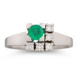 AN EMERALD AND DIAMOND CLUSTER RING, of square form, set with a circular emerald and diamonds,