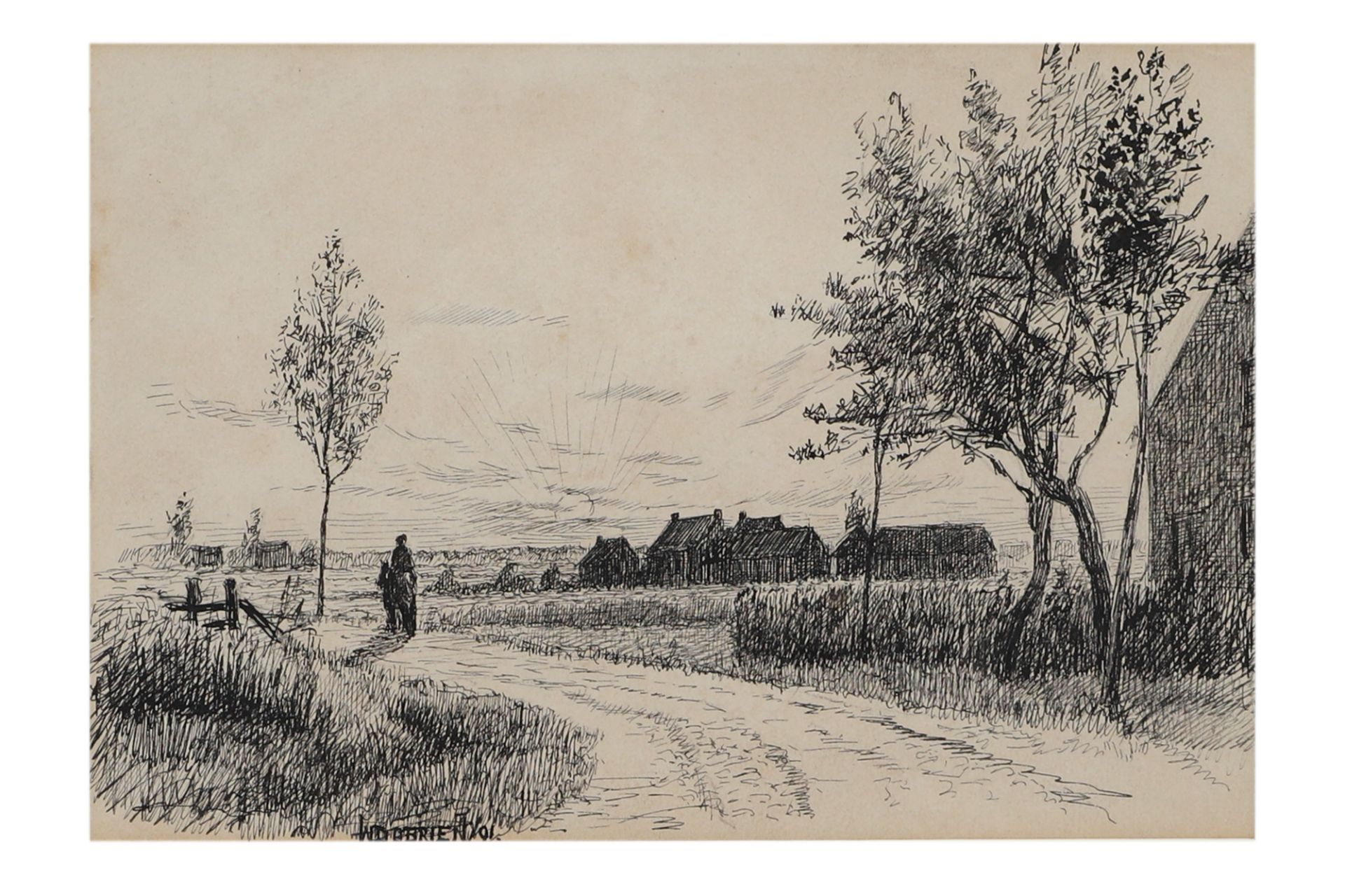 DERMOT O'BRIEN, P.R.H.A (Irl 1865 - 1945) "Riding into sunset near Antwerp", pen & ink, ca 5 x 7.